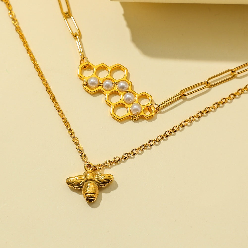 Titanium Steel Honeycomb Bee Pearl Bracelet - Niza Noir