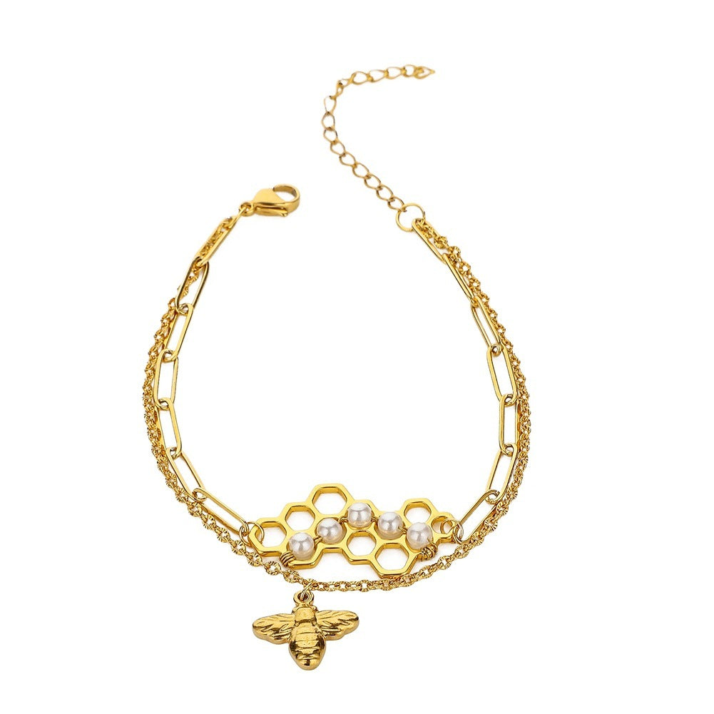 Titanium Steel Honeycomb Bee Pearl Bracelet - Niza Noir