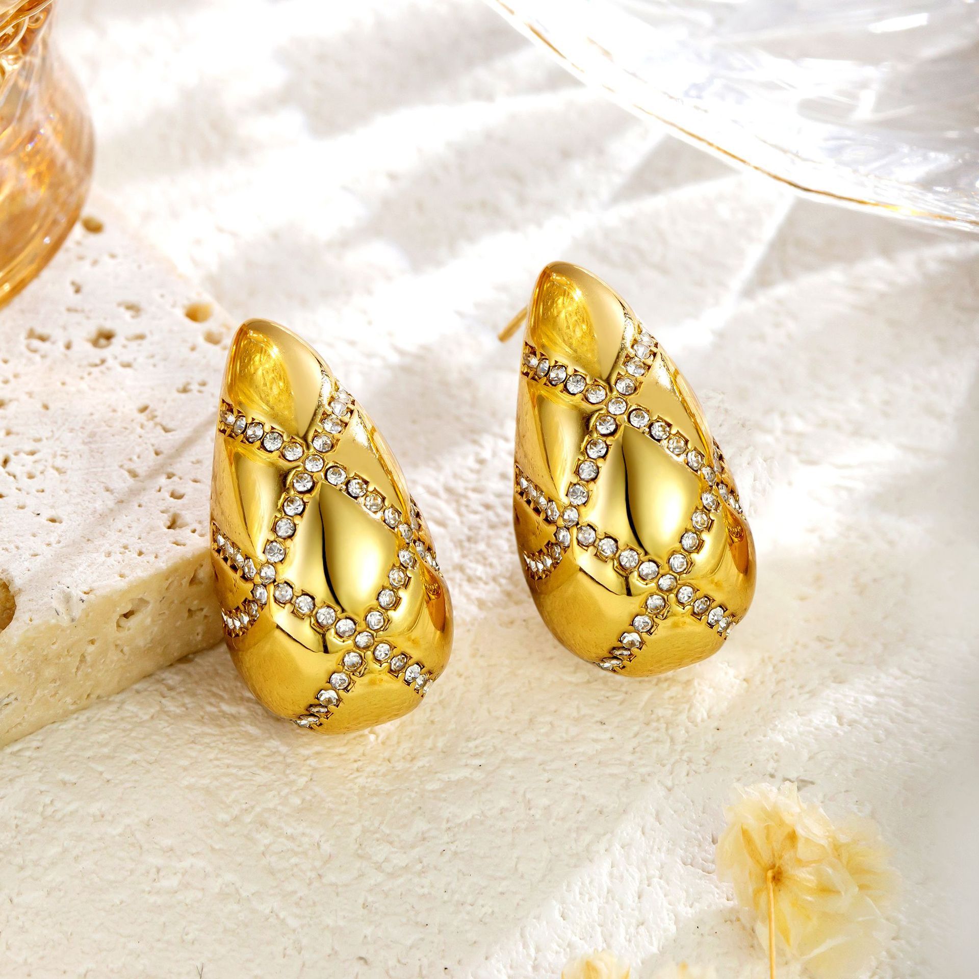 Cross Studded Diamond Drop Style Earrings