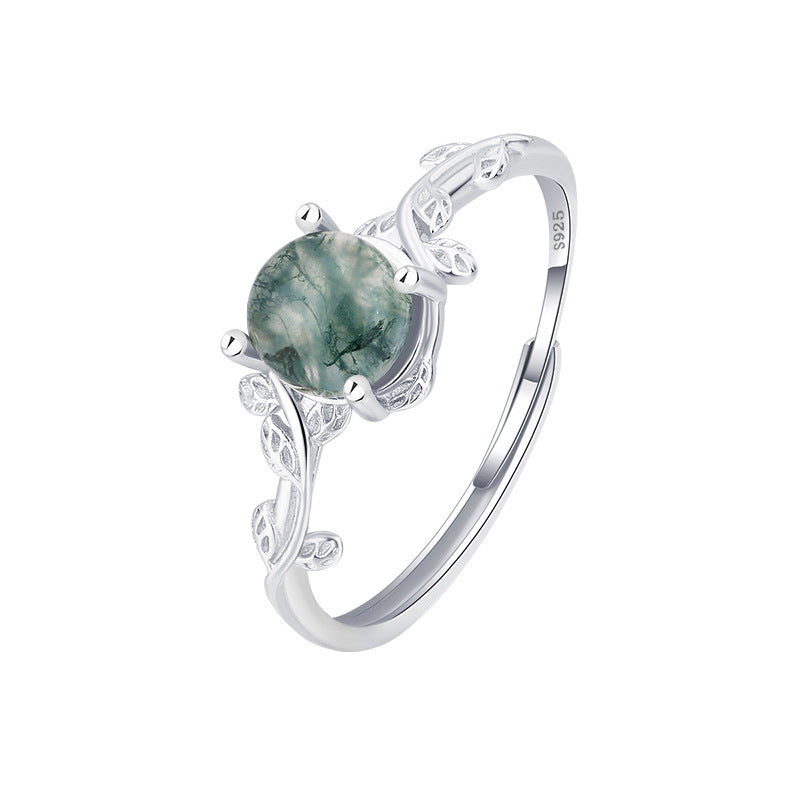 S925 Silver Green Moss Stone Finger Ring - Niza Noir