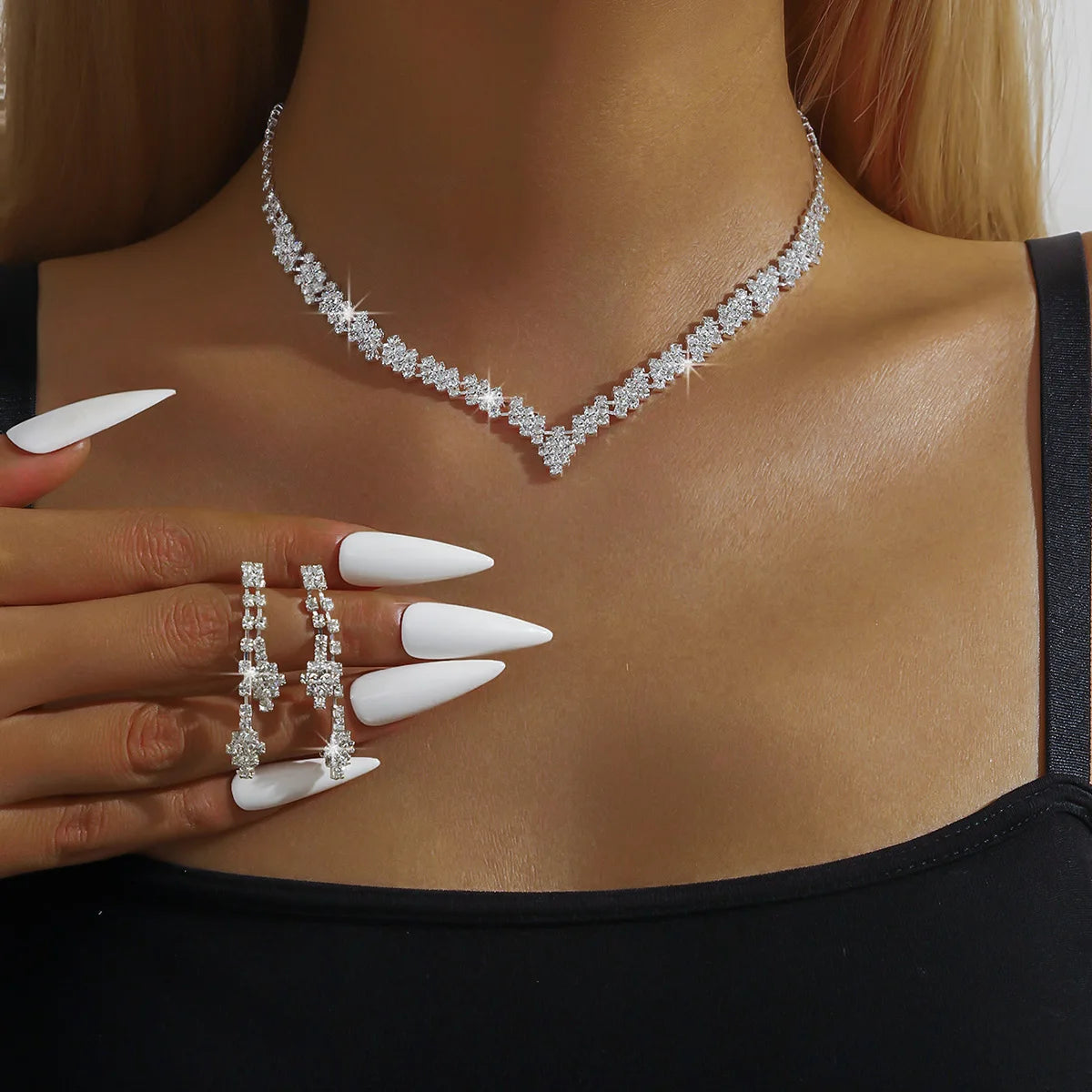 silver plated rhinestone jewelry set