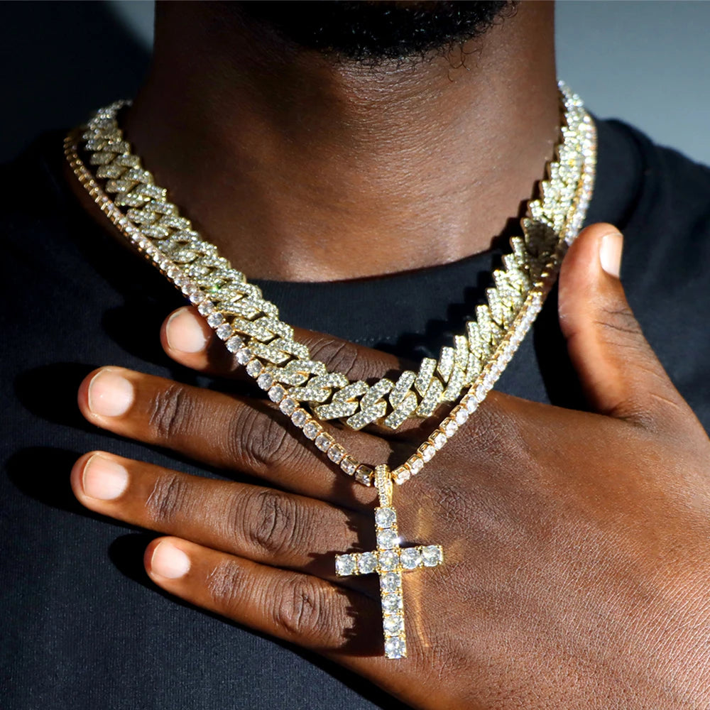 2Pcs Golden Cross Necklace Prong Cuban Link Chain
