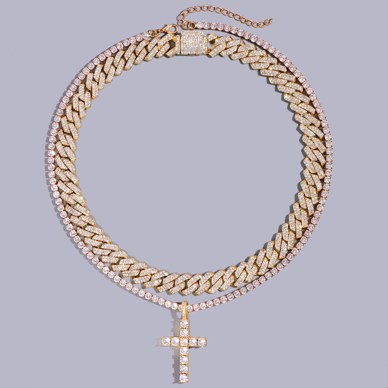 2Pcs Golden Cross Necklace Prong Cuban Link Chain