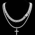 2Pcs Golden Cross Necklace Prong Cuban Link Chain