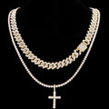 2Pcs Golden Cross Necklace Prong Cuban Link Chain