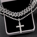 2Pcs Golden Cross Necklace Prong Cuban Link Chain
