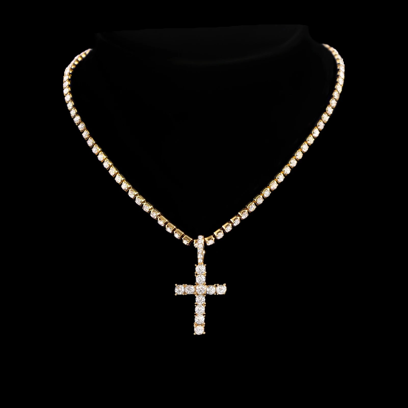 2Pcs Golden Cross Necklace Prong Cuban Link Chain