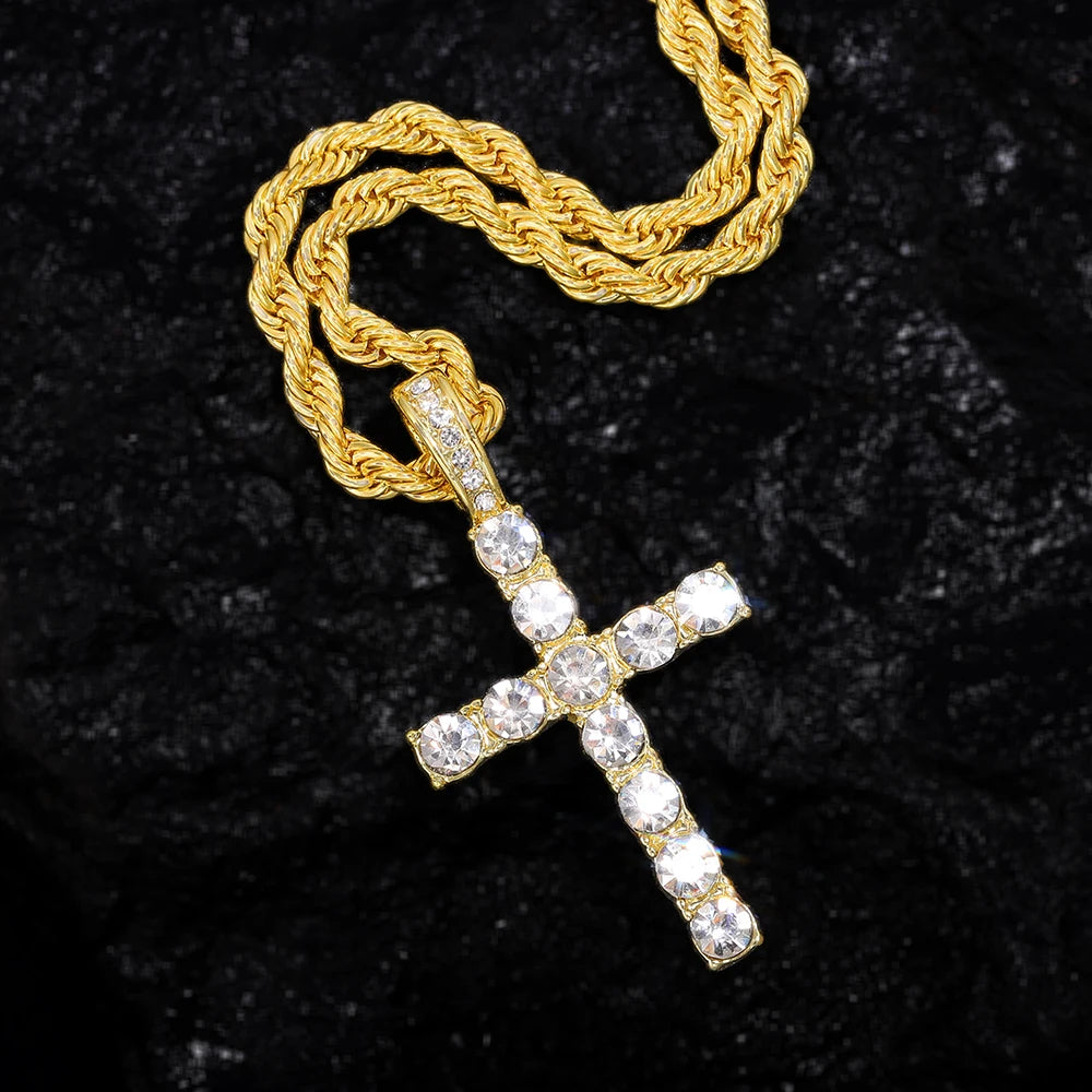 Men Hip Hop Cross Pendant Necklace with 4mm Zircon