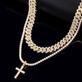 2Pcs Golden Cross Necklace Prong Cuban Link Chain