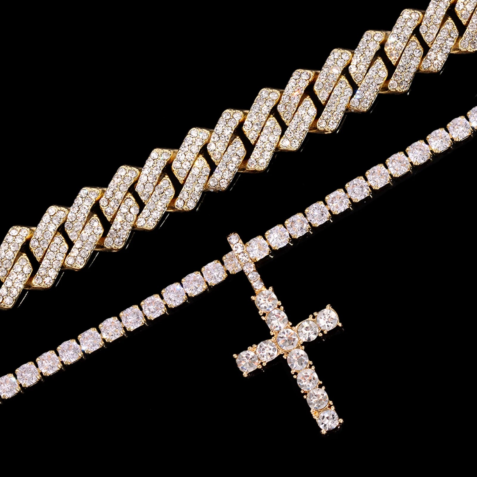 2Pcs Golden Cross Necklace Prong Cuban Link Chain